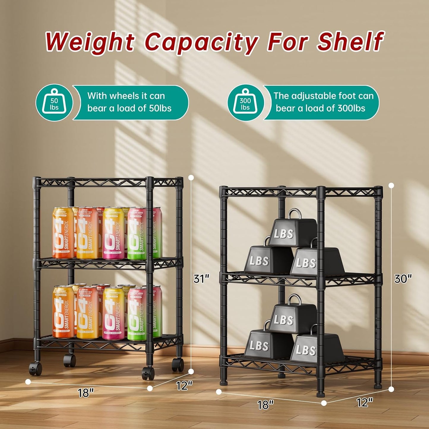 Golpart 4 Tier Adjustable Storage Shelves Metal Utility Shelf Wire Shelving Unit Organizer Rack for Home Kitchen Office Bathroom Pantry Room 12" D x 18" W x 44" H