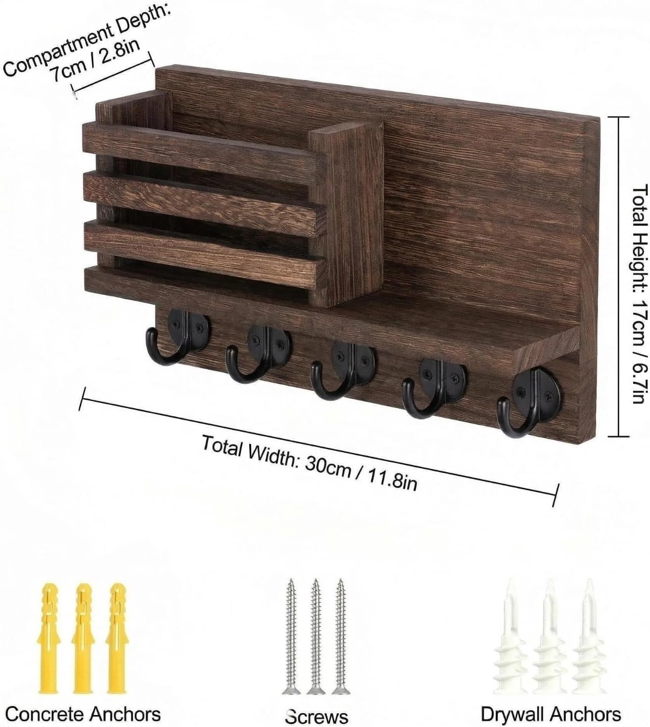 Wall Key Hook, Mail Organizer with 5 Metal Key Hooks, Decorative Key Rack Wall Mount, Tung Wood, 11.8 x 6.7 inches, Includes mounting Hardware (Brown)