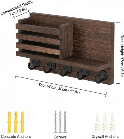 Wall Key Hook, Mail Organizer with 5 Metal Key Hooks, Decorative Key Rack Wall Mount, Tung Wood, 11.8 x 6.7 inches, Includes mounting Hardware (Brown)