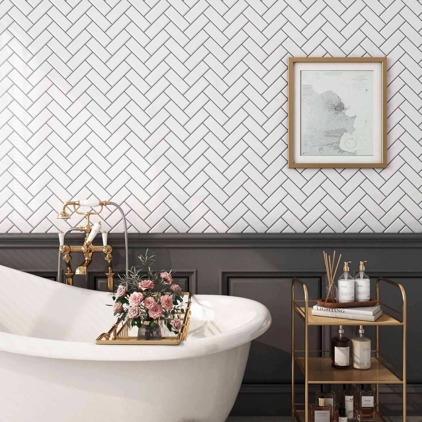FunStick White Herringbone Peel and Stick Backsplash for Kitchen 12"x12" Peel and Stick on Backsplash Tile Stickers Self Adhesive Wall Tiles for Kitchen Bathroom Shower RV Waterproof Back Splash 5 Pcs