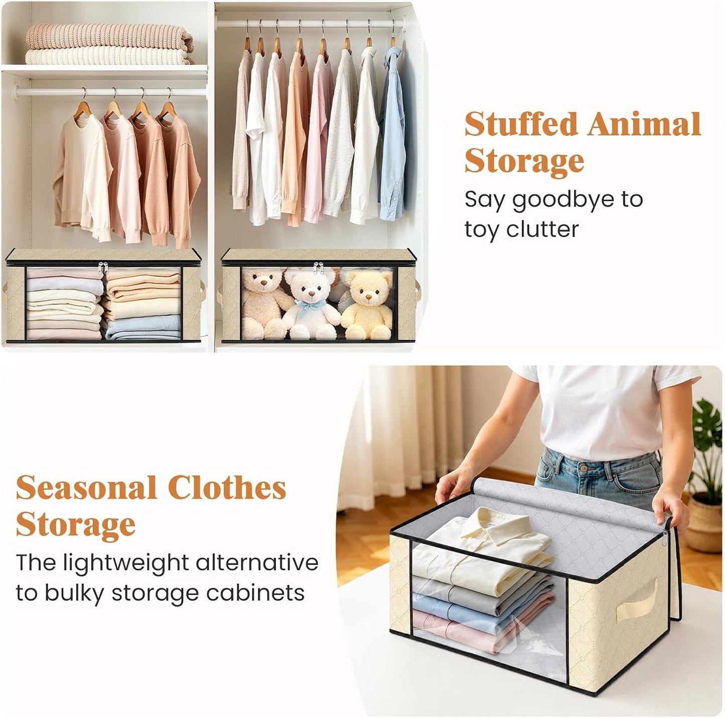 Fab totes 6 Pack Storage Bags for Clothes and Blanket, Foldable Closet Organizers and Storage with Zippers, Clear Window and Handles, Fabric Storage Bins for Sweater, Comforter, Bedding,Linen Sheets