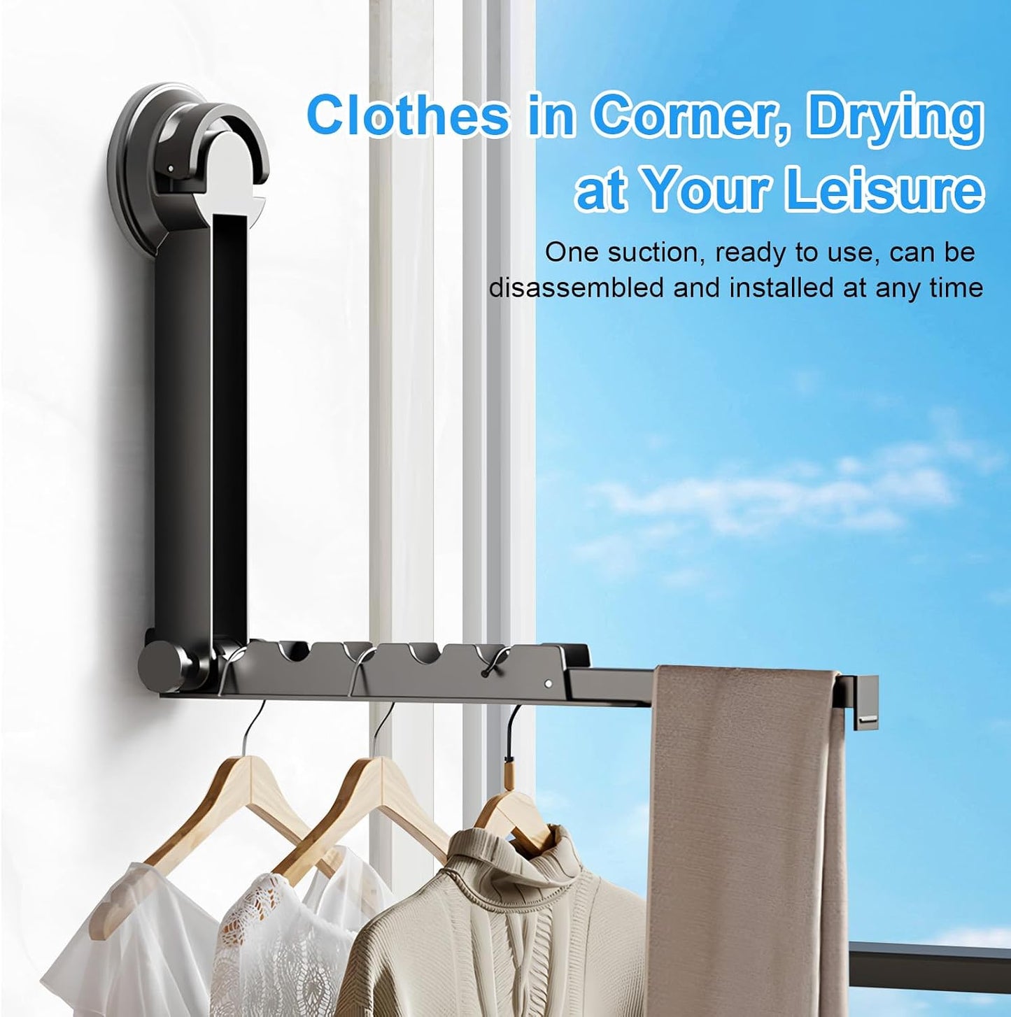Clothes Drying Rack Wall-Mounted Suction Cup Folding Clothes Drying Rod Space-Saving Closet Rod with Retractable Rod for Laundry Bathroom RV Balcony, Black