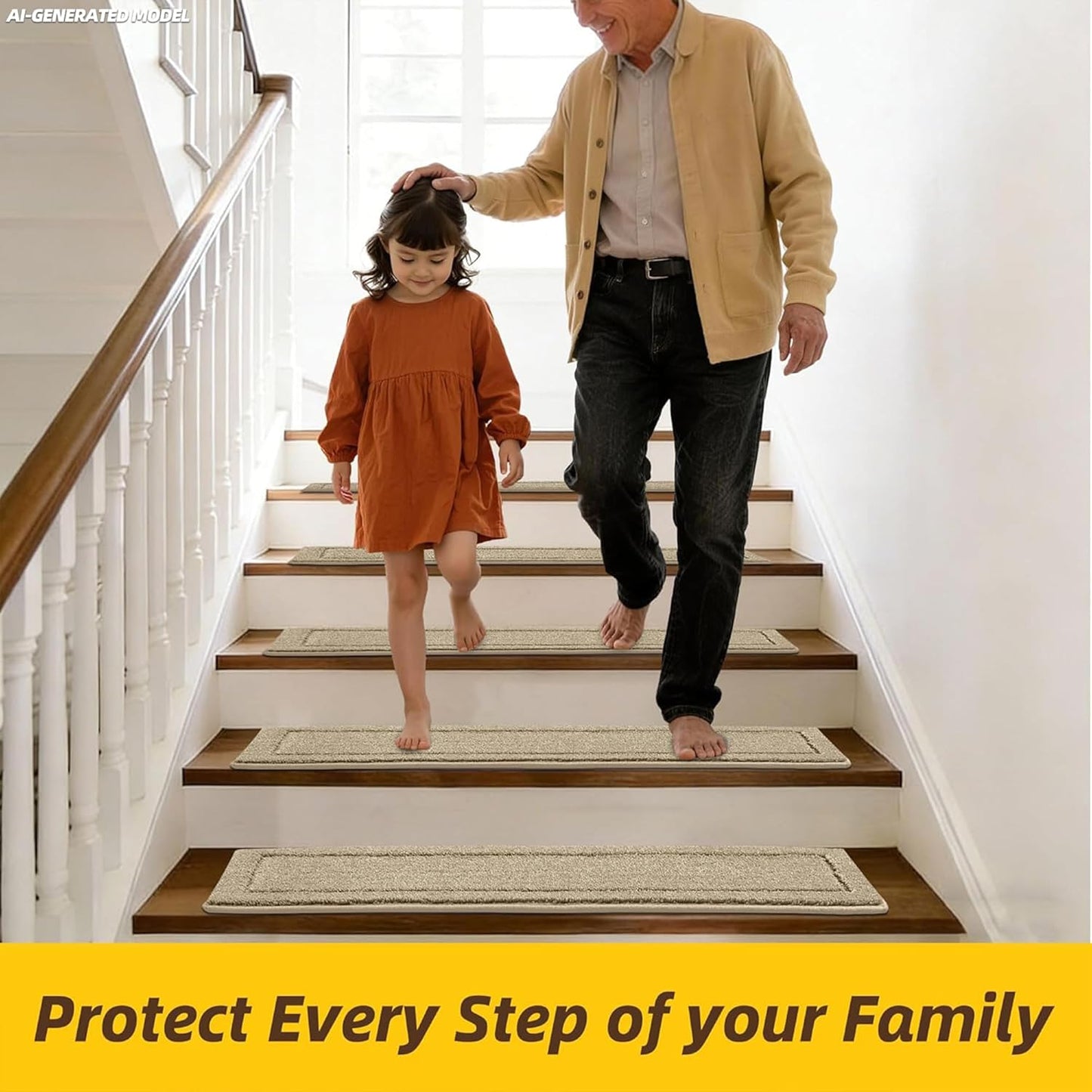JSEI Stair Treads for Wooden Steps Indoor, 15-Pack Non Slip Stair Treads 30" x 8", Washable Polyester Stair Mats with TPE Backing, Low Profile Stair Rugs for Kids, Seniors and Dogs, Brown