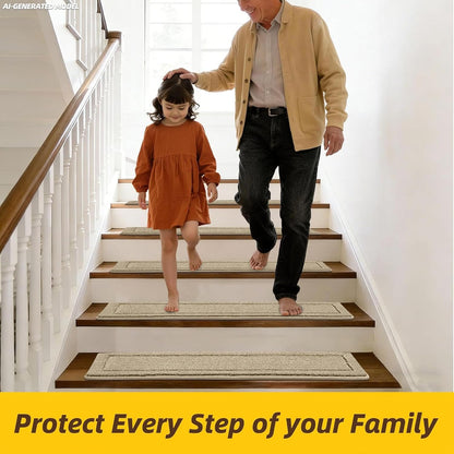 JSEI Stair Treads for Wooden Steps Indoor, 15-Pack Non Slip Stair Treads 30" x 8", Washable Polyester Stair Mats with TPE Backing, Low Profile Stair Rugs for Kids, Seniors and Dogs, Brown