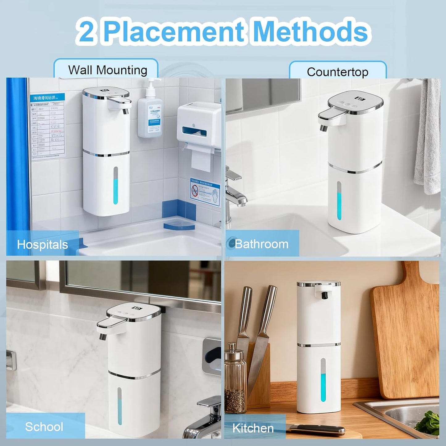 OHIFAST Automatic Foaming Soap Dispenser Touchless, USB Rechargeable Smart Hand Soap Dispenser, 9-Level Adjustable, Physical Button Operation, 13.5oz/400mL Wall Mounted for Bathroom Kitchen Dish Soap