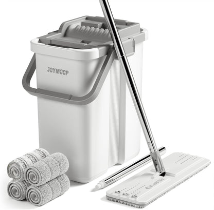 JOYMOOP Mop and Bucket Set, Flat Mops for Floor & Wall Cleaning, Commercial & Household Use, Hardwood Floor Mop with Long Handle & 4 Microfiber Pads