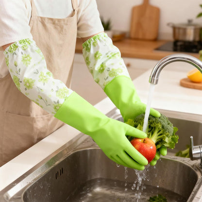 3 Pairs Dishwashing Cleaning Gloves, Reusable Kitchen Long Rubber Gloves with Cotton Lined, Waterproof Non-Slip Latex-Free Household Glove for Laundry Cleaning Working Gardening (Flower)