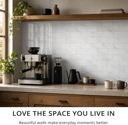 StyloVue 100 Pieces Peel and Stick Backsplash for Kitchen, 3" x 6" PVC Subway Tile, Glossy White with Dark Gray Grout, Self Adhesive Stick on Wall Tiles for Kitchen, Bathroom, Fireplace, RV