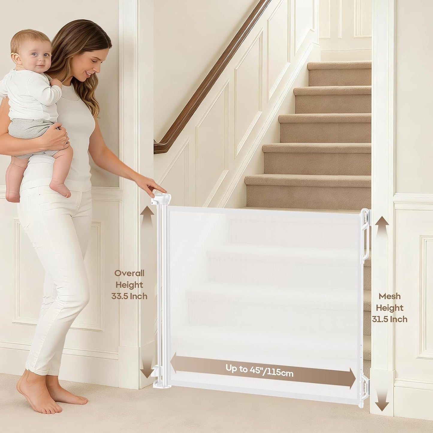 SPACEANY Retractable Safety Baby Gate or Mesh Dog Gate,Durable Portable Mesh Retractable Gate,Easy to Use for Stairs, Doorways, Hallways, Indoor, Outdoor, 33.5" Tall, Up to 45" Wide, Cream