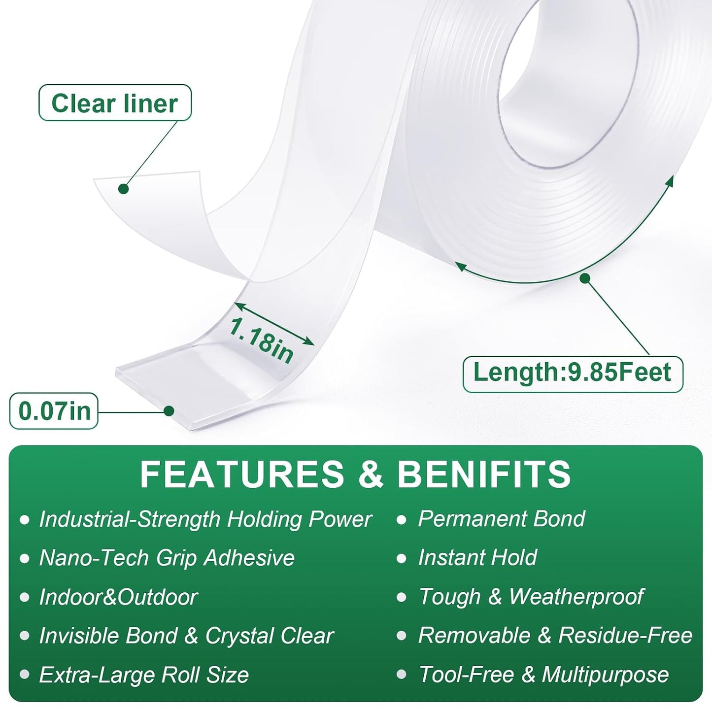 Double Sided Nano Tape 1.18"x120" 2 Rolls 20FT Traceless Removable Washable Clear Mount Tape