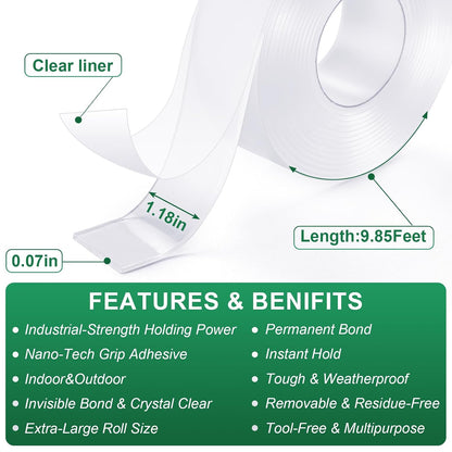Double Sided Nano Tape 1.18"x120" 2 Rolls 20FT Traceless Removable Washable Clear Mount Tape