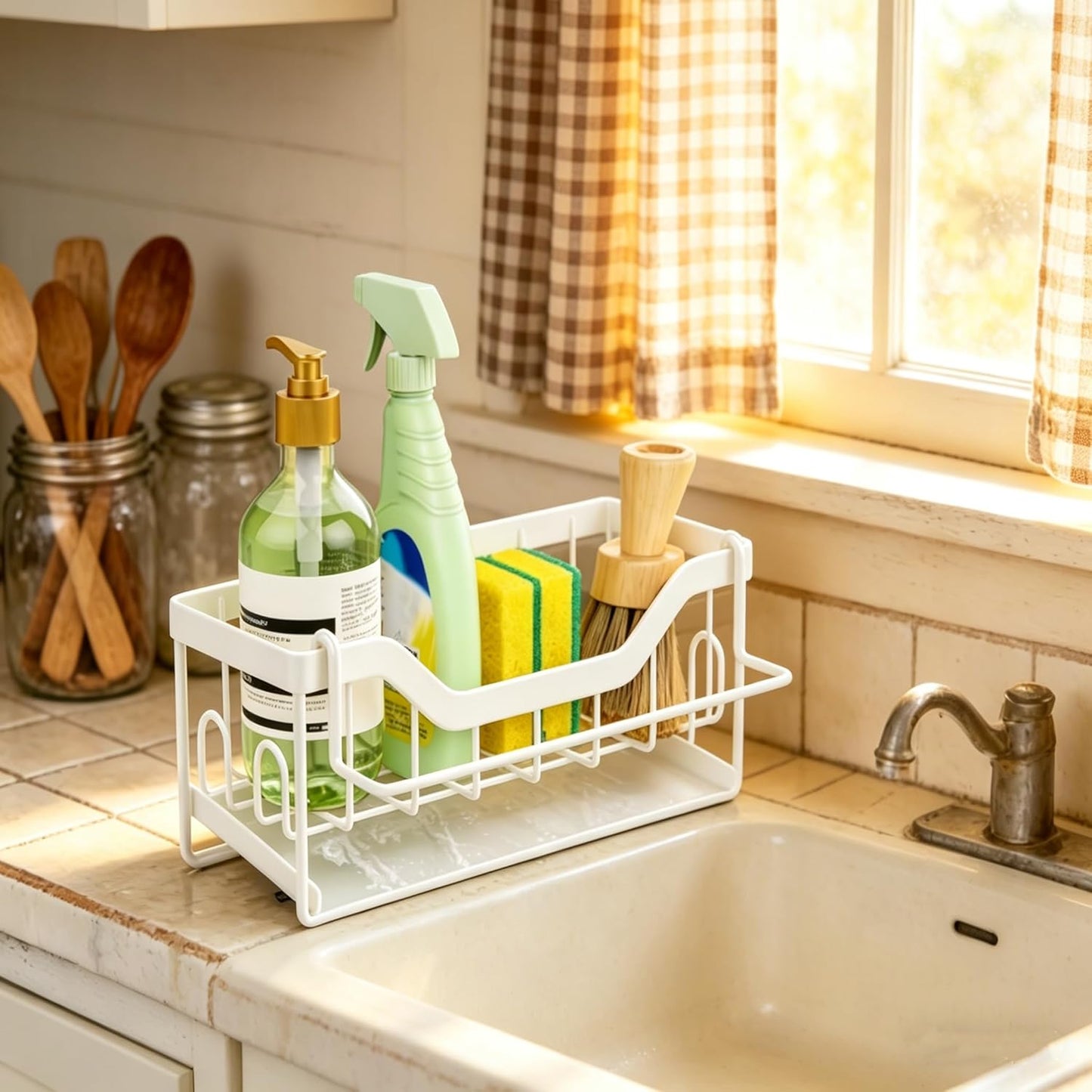 Kitchen Sink Organizer Stainless Steel Sponge Holder with Automatic Drainage Tray and Detachable Rag Rack