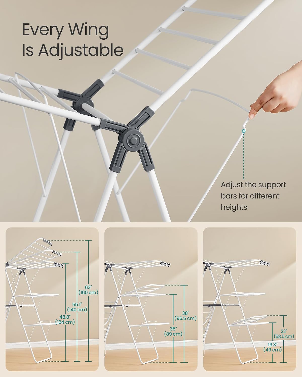 SONGMICS Clothes Drying Rack, Foldable Laundry Drying Rack, Blue | Sock Clips, Metal Clothes Airer with Height-Adjustable Gullwings, Space-Saving, Indoor Outdoor, ULLR505EQ01