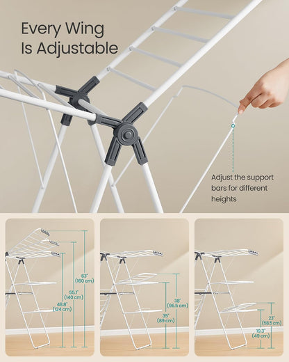 SONGMICS Clothes Drying Rack, Foldable Laundry Drying Rack, Blue | Sock Clips, Metal Clothes Airer with Height-Adjustable Gullwings, Space-Saving, Indoor Outdoor, ULLR505EQ01