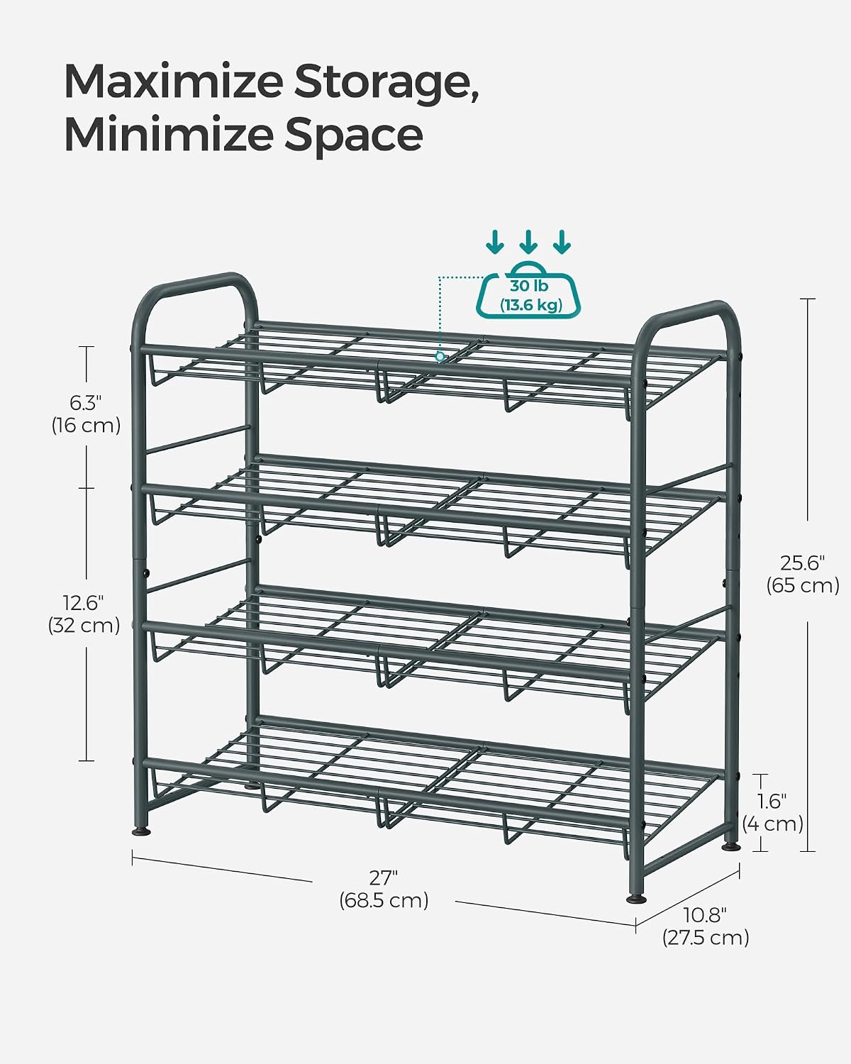 SONGMICS Stackable Shoe Rack, 4 Tier Metal Shoes Rack Storage Shelf, Holds up to 16 Pairs Shoes, Adjustable Slanted Shelves Shoe Tower Organizer for Closet Entryway Small Spaces, Black