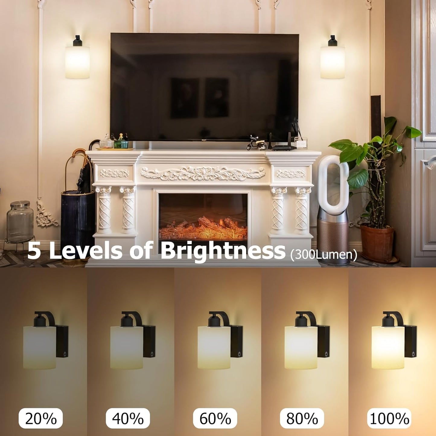 iThird Wall Sconce Battery Operated Set of 2, 6000mAh Rechargeable Wall Lights with Touch Control and Remote Control, Wireless Wall Lamps for Bedroom, Black Sconces Wall Decor for Living Room Hallway