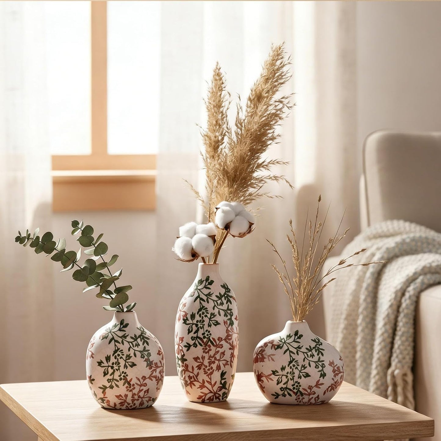 Small Ceramic Vase Set of 3,Bulk Mini Bud Vases for Flowers and Pampas Grass,Cute Boho Ellipse Home Decor for Coffee Table Centerpieces,Living Room,Office,Bookshelf,Entryway Decor (Green Floral)