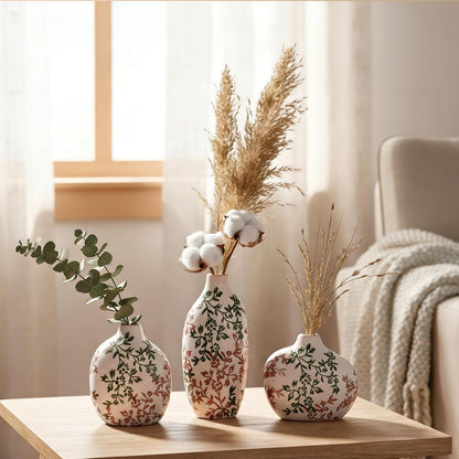 Small Ceramic Vase Set of 3,Bulk Mini Bud Vases for Flowers and Pampas Grass,Cute Boho Ellipse Home Decor for Coffee Table Centerpieces,Living Room,Office,Bookshelf,Entryway Decor (Green Floral)