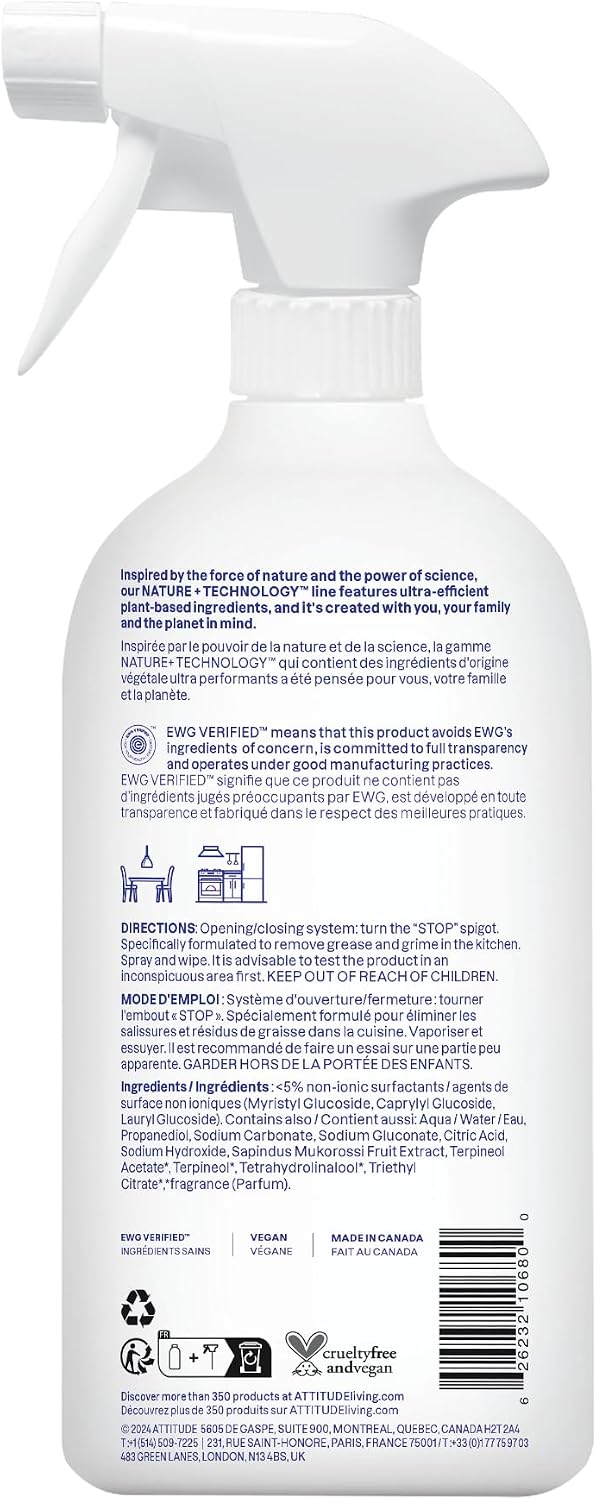 ATTITUDE Kitchen Cleaner Spray, EWG Verified, Degreaser Spray to Cut Grease & Grime, Plant-Based & Vegan, Citrus Zest Scent, 27.1 Fl Oz