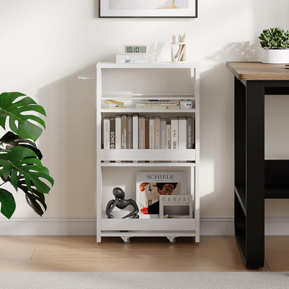 ChooChoo 4-Tier Slim Storage Cart, 7.87 inches Wide Narrow Storage Cabinet with 360° Wheels and 2 Hooks, Space-Saving Organizer for Kitchen, Narrow Places, Dining Room, Walnut+White