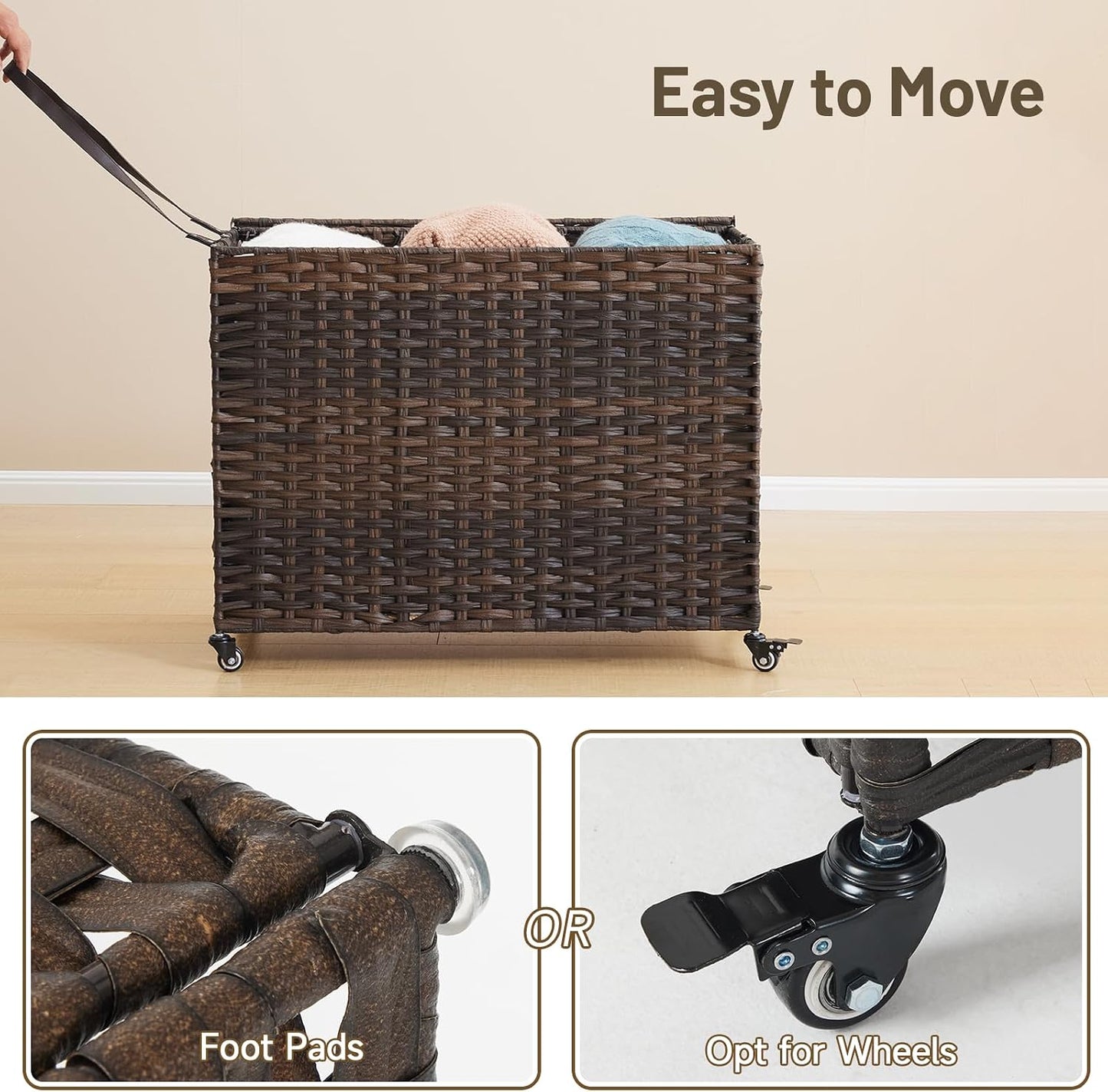 Laundry Hamper with Wheels, 52.8 Gallon(200L) Rolling Laundry Basket with Lid, Removable Large 3 Color Liners & 3 Mesh Laundry Bags, Clothes Hamper with Side Pocket, Natural