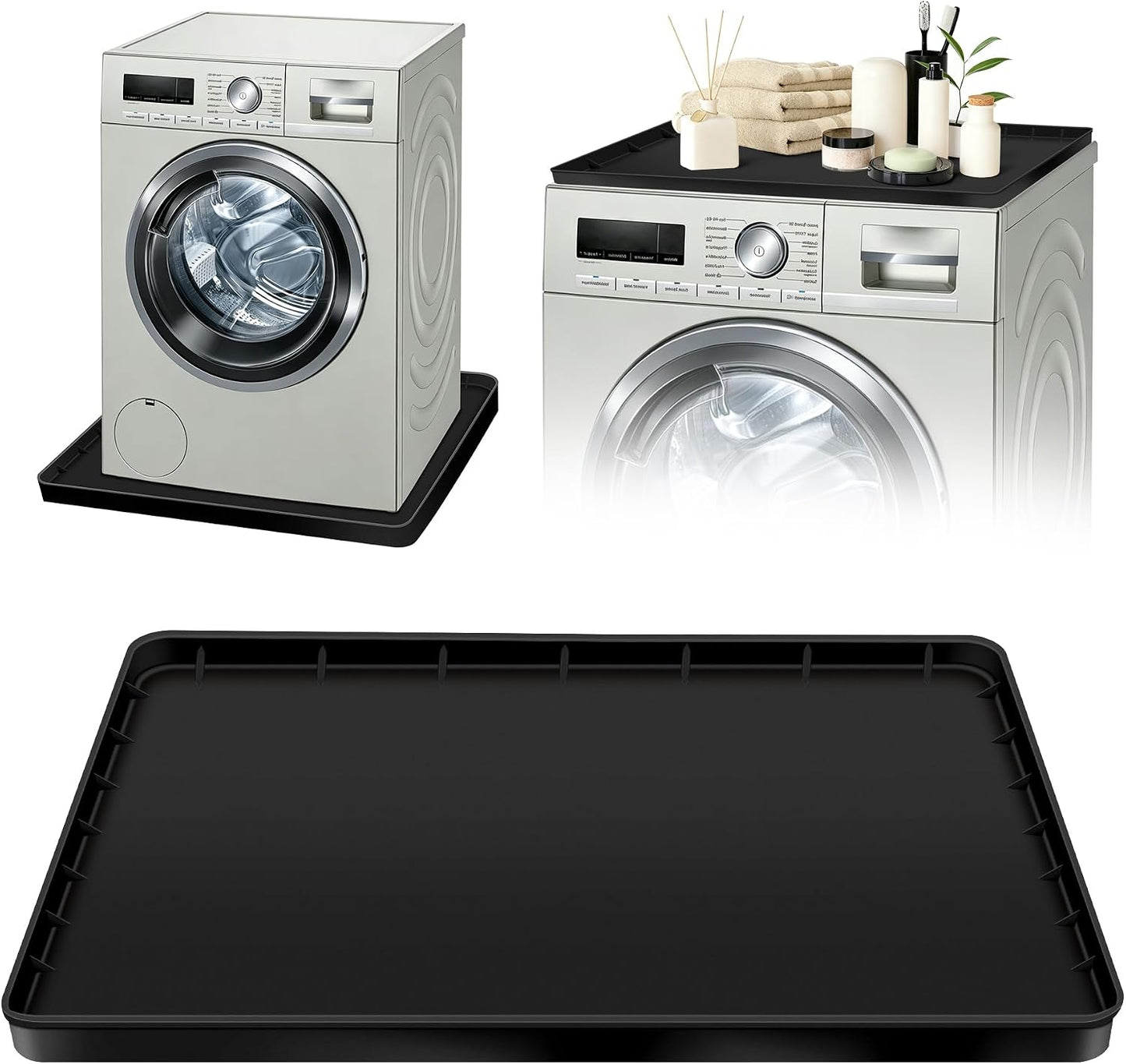 ToLanbbt 27" x 27" Washing Machine Drain Pan Mat, Soft Silicone Washer Drip Tray with 0.78" Raised Edge, Water-Proof Anti-Vibration Leak-Proof Floor Protector for Under Washer, Dryer, Fridge (Gray)