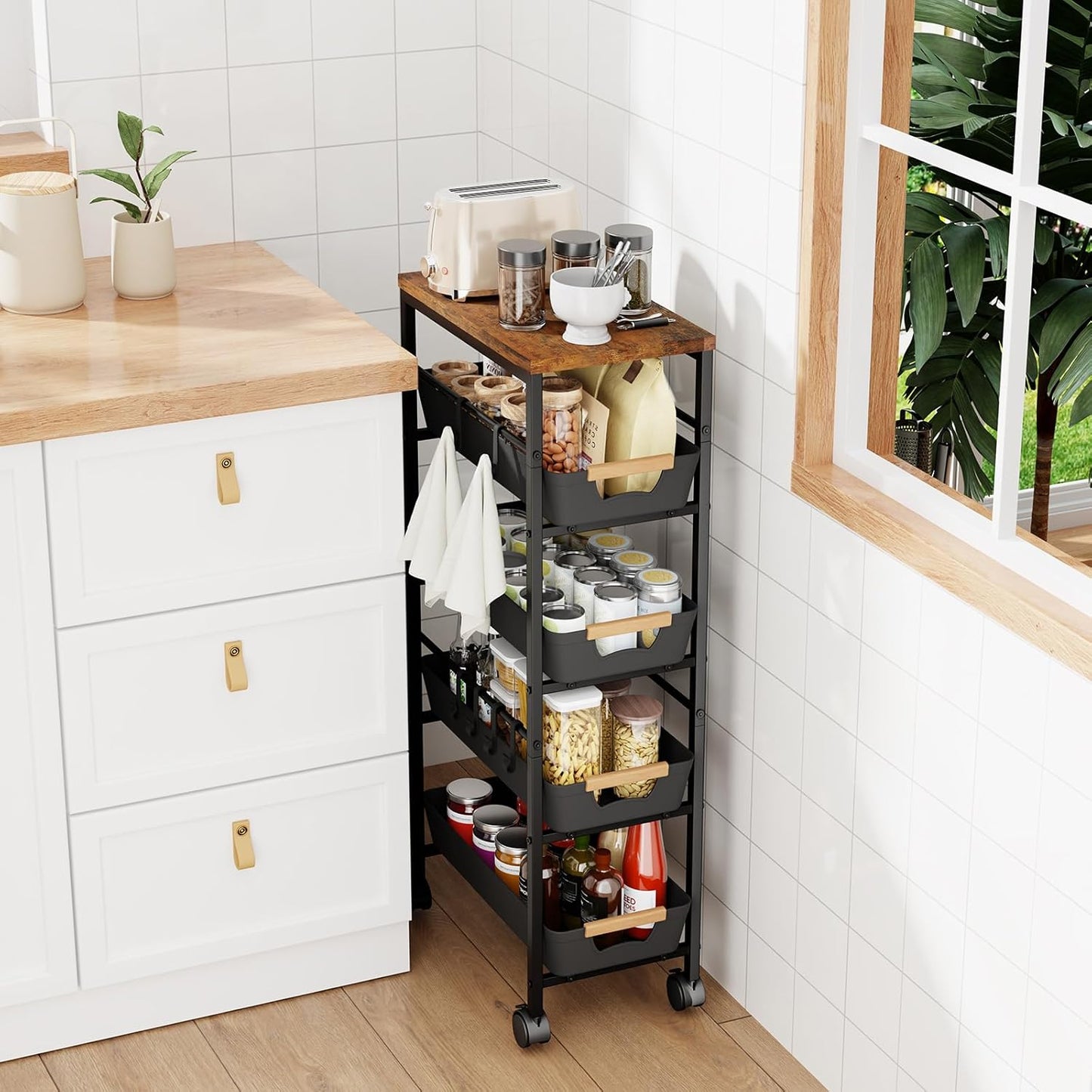 5-Tier Slim Storage Cart, Wooden Top Rolling Kitchen Cart with Pull-Out Baskets & Wheels, Narrow Space Utility Cart Slide Out Organizer for Kitchen, Bathroom, Laundry Room, White