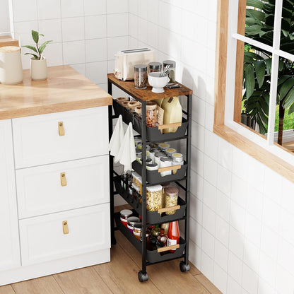 5-Tier Slim Storage Cart, Wooden Top Rolling Kitchen Cart with Pull-Out Baskets & Wheels, Narrow Space Utility Cart Slide Out Organizer for Kitchen, Bathroom, Laundry Room, White