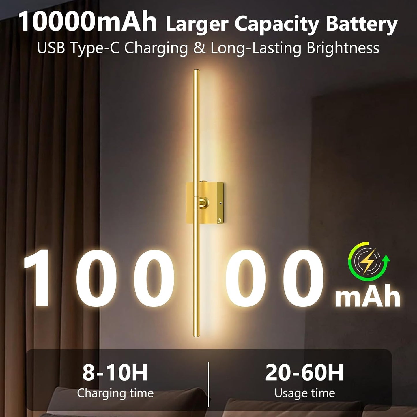 Eneru Battery Operated Wall Sconce Lights - 10000mAh Rechargeable Wireless Wall Sconces Set of Two with Touch and Remote, 360° Rotate, 4 Colors LED Wall Lamp for Living Room Bedroom Hallway (Gold)