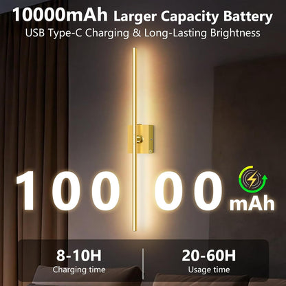 Eneru Battery Operated Wall Sconce Lights - 10000mAh Rechargeable Wireless Wall Sconces Set of Two with Touch and Remote, 360° Rotate, 4 Colors LED Wall Lamp for Living Room Bedroom Hallway (Gold)