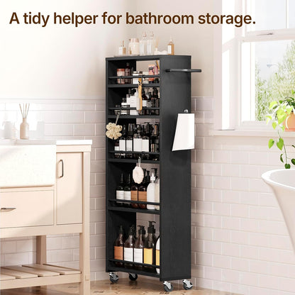 YATINEY 6 Tier Slim Storage Cart, Rolling Utility Cart with 360° Lockable Casters, Handle and 6 Hooks, Space Saving Organizer for Kitchen, Bathroom, Laundry Room, White BC11WN