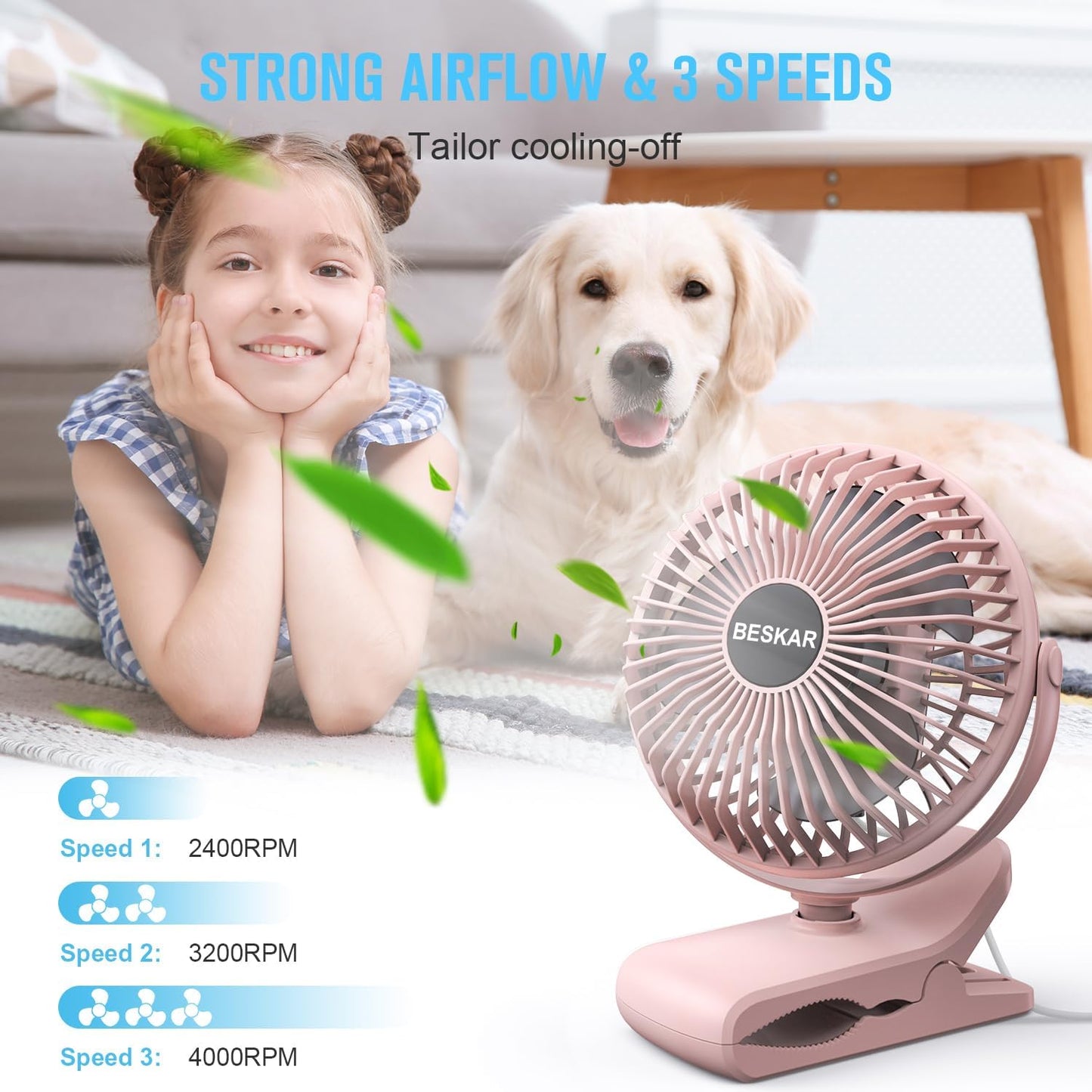 BESKAR Clip on Fan, Portable Small Desk Fans with Strong Airflow, 3 Speeds with Personal Fans Sturdy Clamp, Quiet Desk Fan & Clip Fan with USB Cord Powered - No Battery