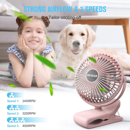 BESKAR Clip on Fan, Portable Small Desk Fans with Strong Airflow, 3 Speeds with Personal Fans Sturdy Clamp, Quiet Desk Fan & Clip Fan with USB Cord Powered - No Battery