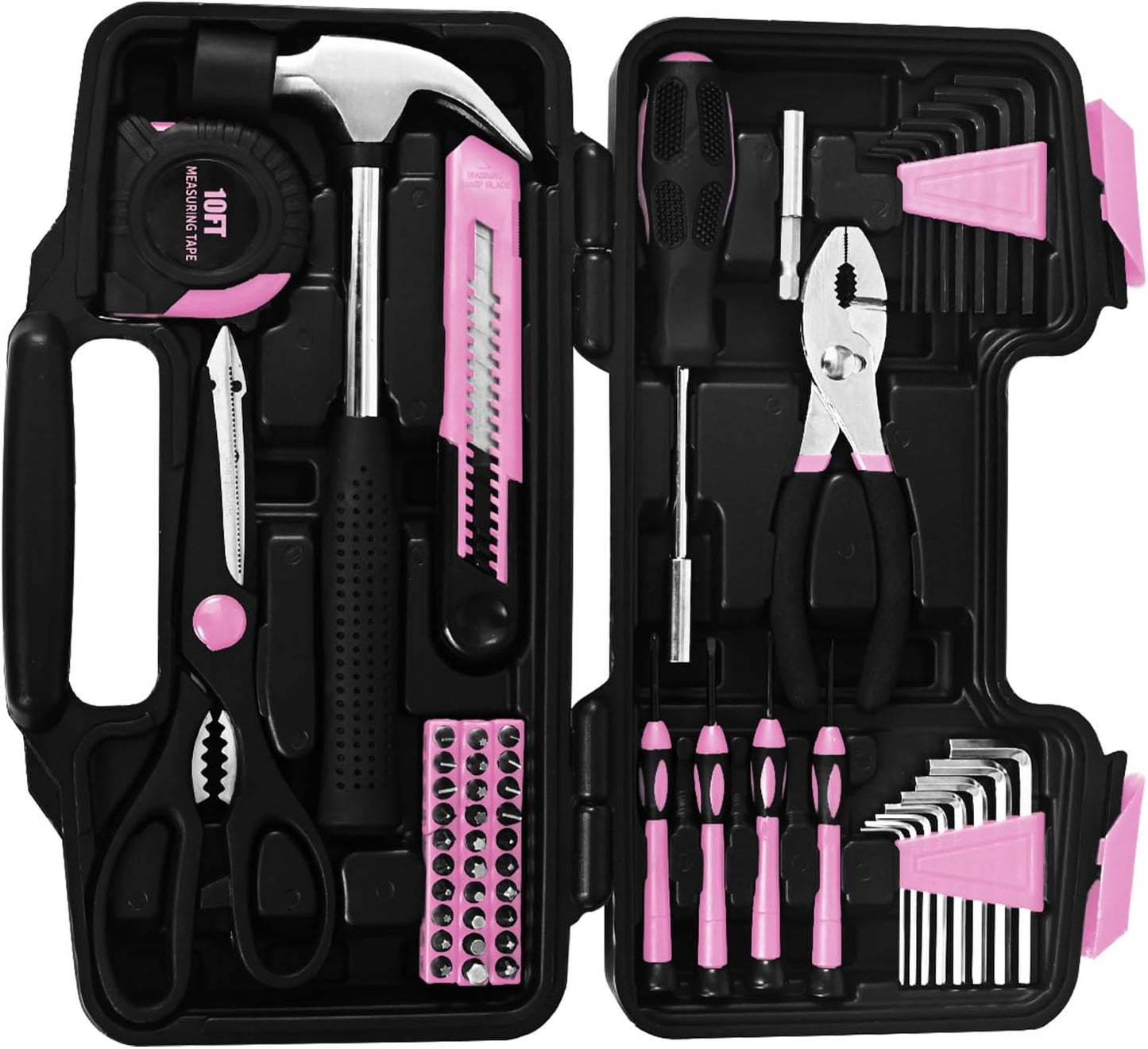 144-Piece General Household Hand Tool Kit with Plastic Toolbox Pink | Basic General Hand Tool Kit, Household Tool Set, for Home Repair, Office & College Dormitory Use, Daily Use for Women