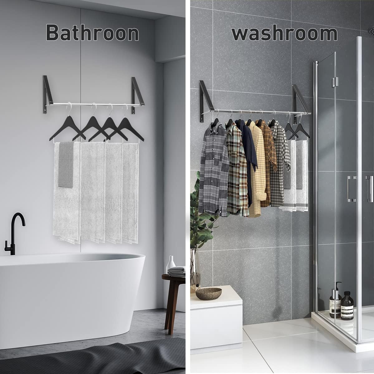 Laundry Room Drying Rack Wall Mounted Clothes Hanger Folding Wall Coat Racks Aluminum Home Storage Organiser Space Savers White 2 Rakcs with Rod