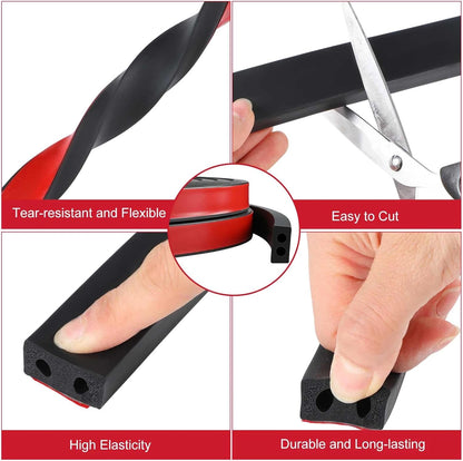 Pangda 20 Ft Rectangular Rubber Seal Strip with Self-Adhesive Tape, 1" W x 1/2" H Foam Rubber Weather Stripping for Boat, Automobile, RV, Ship, Garage Door/Window Seal, Black (Double Hole)