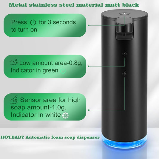 Automatic Hand Soap Dispenser Touchless: Foaming Soap Dispenser Stainless Steel - Free Touch Electric Soap Dispenser Rechargeable with Sensor for Bathroom, Commercial (Black)