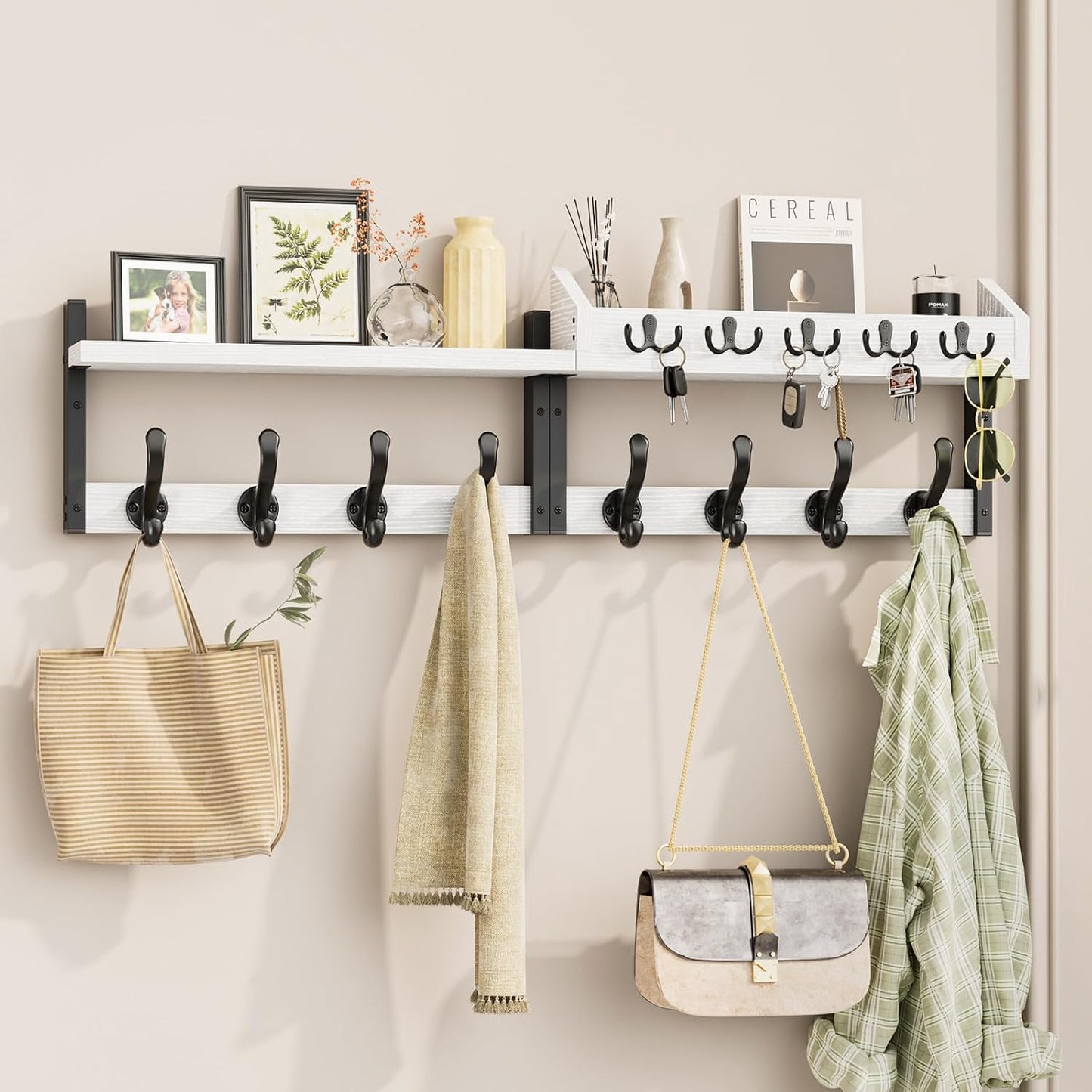 Evermagin 29" Coat Rack Wall Mount with Shelf, 4 in 1 Coat and Key Hanger with 11 Metal Hooks, Entryway Wall Mounted Shelf with Mail Holder for Living Room, Bedroom, Rustic Brown