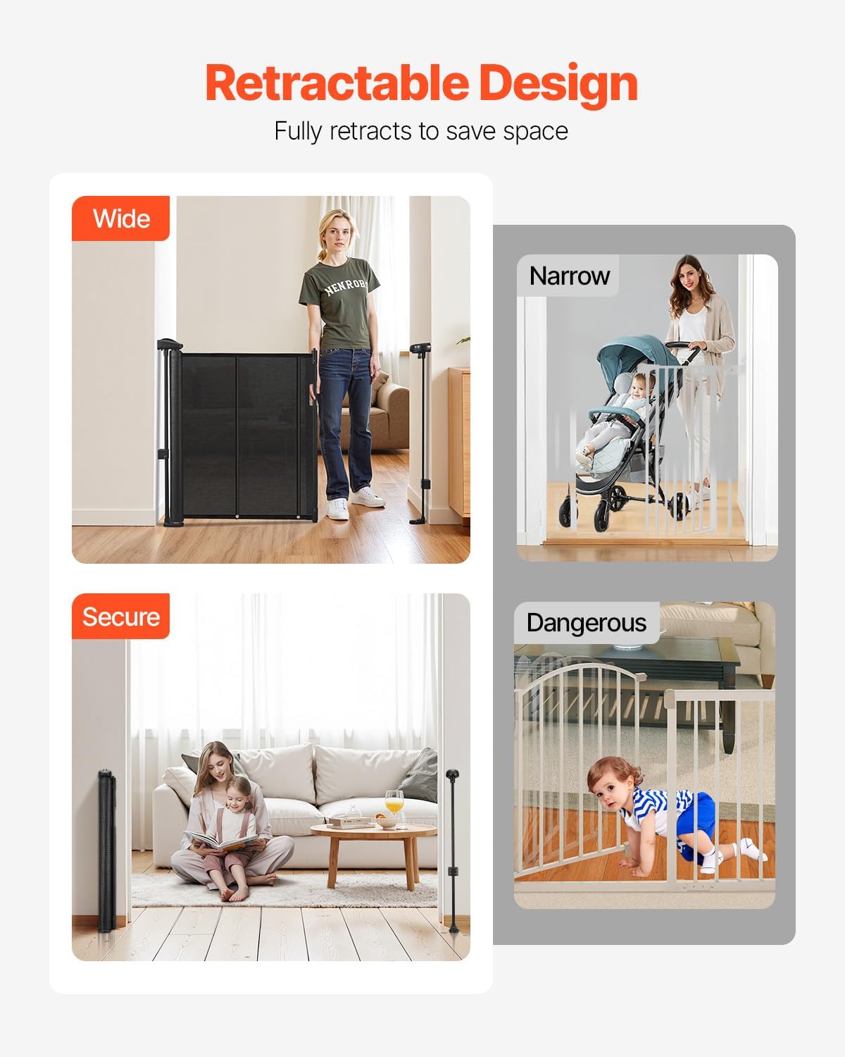 VEVOR Retractable Baby Gate, 34 inch Tall, Extends up to 71 inch Wide, Retractable Gate for Kids or Pets, Mesh Material, Easy to Install for Indoor Stairs, Doorways, Hallways, Playrooms, Gray