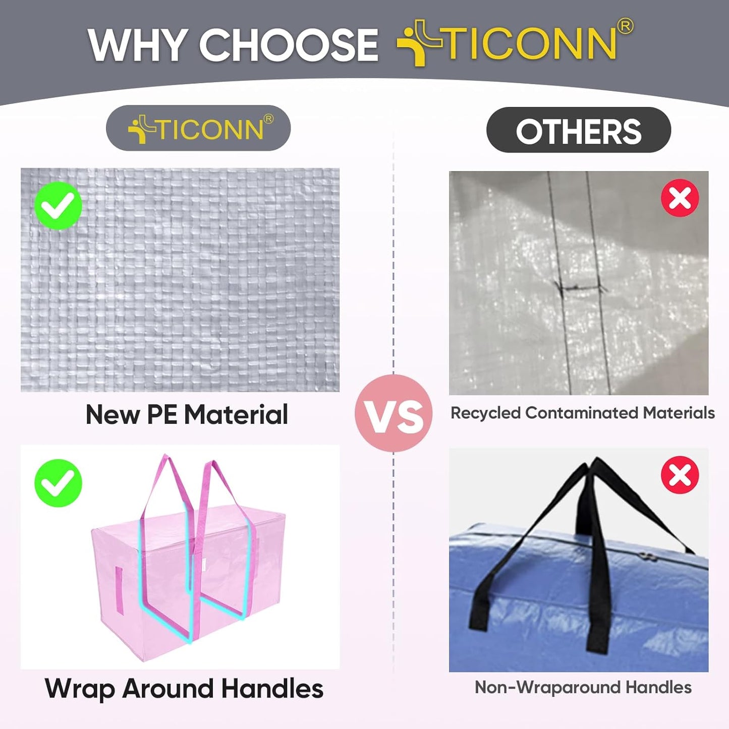 TICONN 4 Pack Extra Large Moving Bags Heavy Duty with Zippers & Carrying Handles, Durable Storage Bags Moving Boxes for Closet Organizers and Storage (4 Pack, Blue)