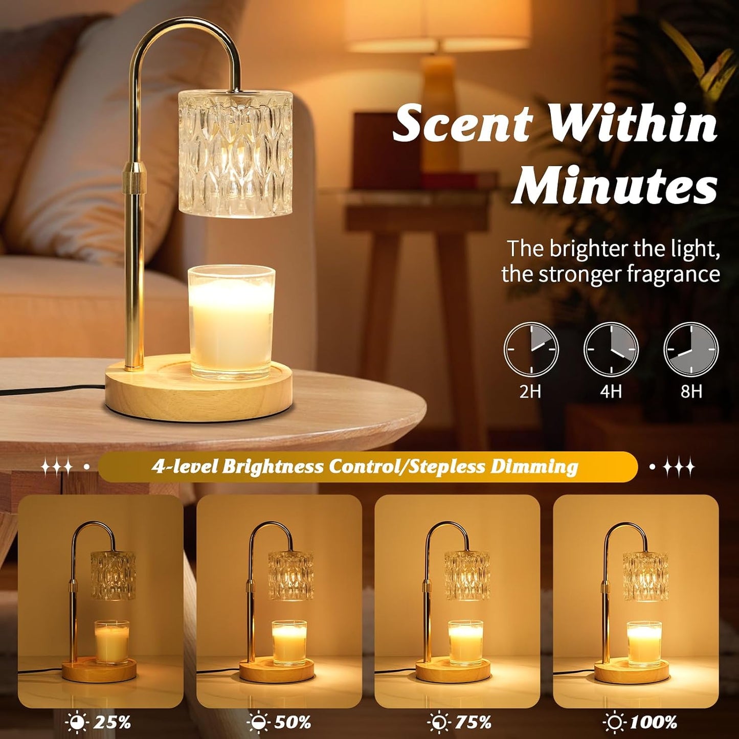 Candle Warmer Lamp with Timer and Dimmable, Electric Wax Melt Candle Warmers Height Adjustable with 2 Bulbs, Birthday Gifts for Women House Warming, Home Decor for Scented Jar Candles(Clear)