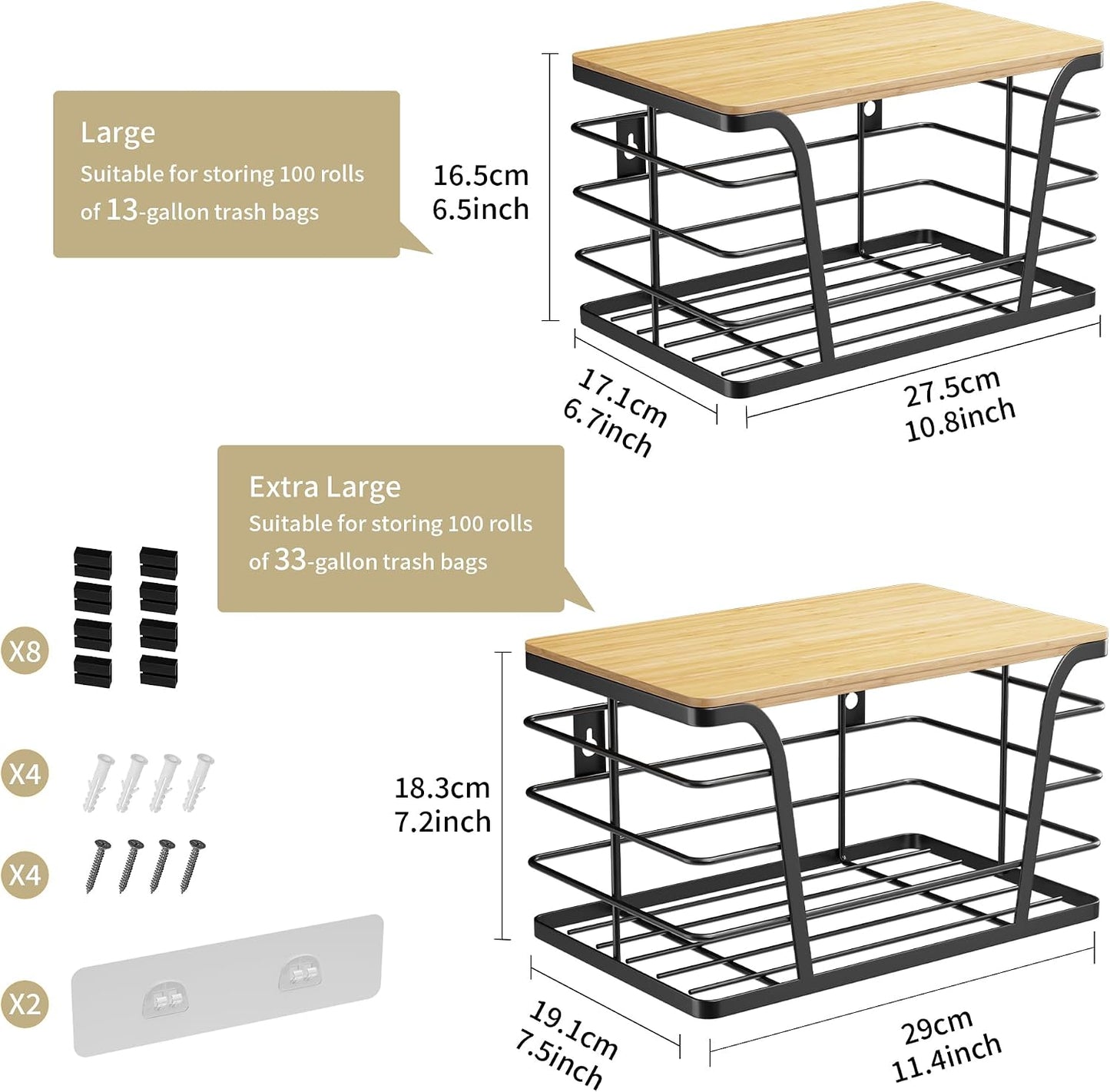 TIDIIABODE 2 Pack Stackable Storage Laundry Kitchen Organizers, Wall Mount Trash Bag Holder with Bamboo Top and Garbage Bag Dispenser No Drill