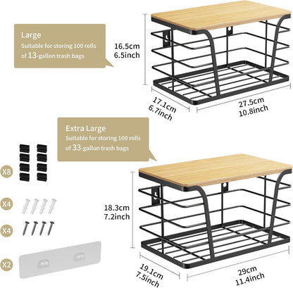 TIDIIABODE 2 Pack Stackable Storage Laundry Kitchen Organizers, Wall Mount Trash Bag Holder with Bamboo Top and Garbage Bag Dispenser No Drill
