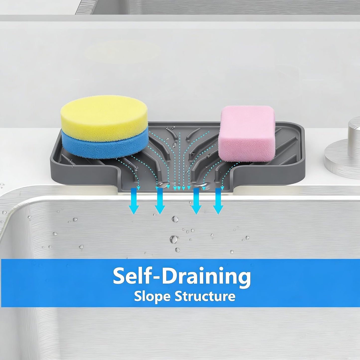 Sponge Holder for Kitchen Sink, Dish Sponge Holder & Soap Tray with Drain, Bathroom Sink Sponge Drying Rack & Perfect Organizer for Dispenser,Bottle,Cup on Sinks or Counter(8"x 4"Gray)