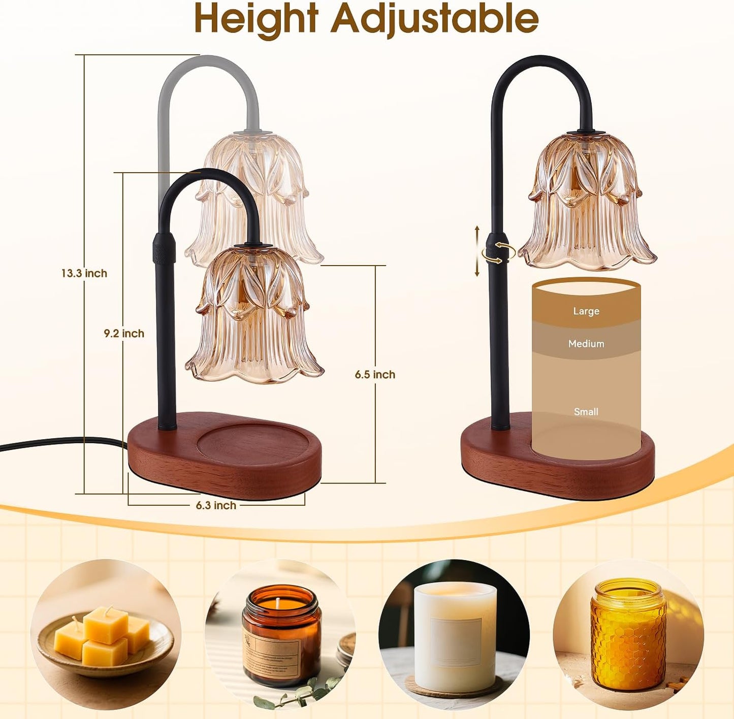 Candle Warmer Lamp Adjustable Timer - Electric Flower Glass Candles Warmers Adjustable Height Dimmable Vintage Base Modern Wax Candles Top Warmers for Small Jar Scented Wax Melts