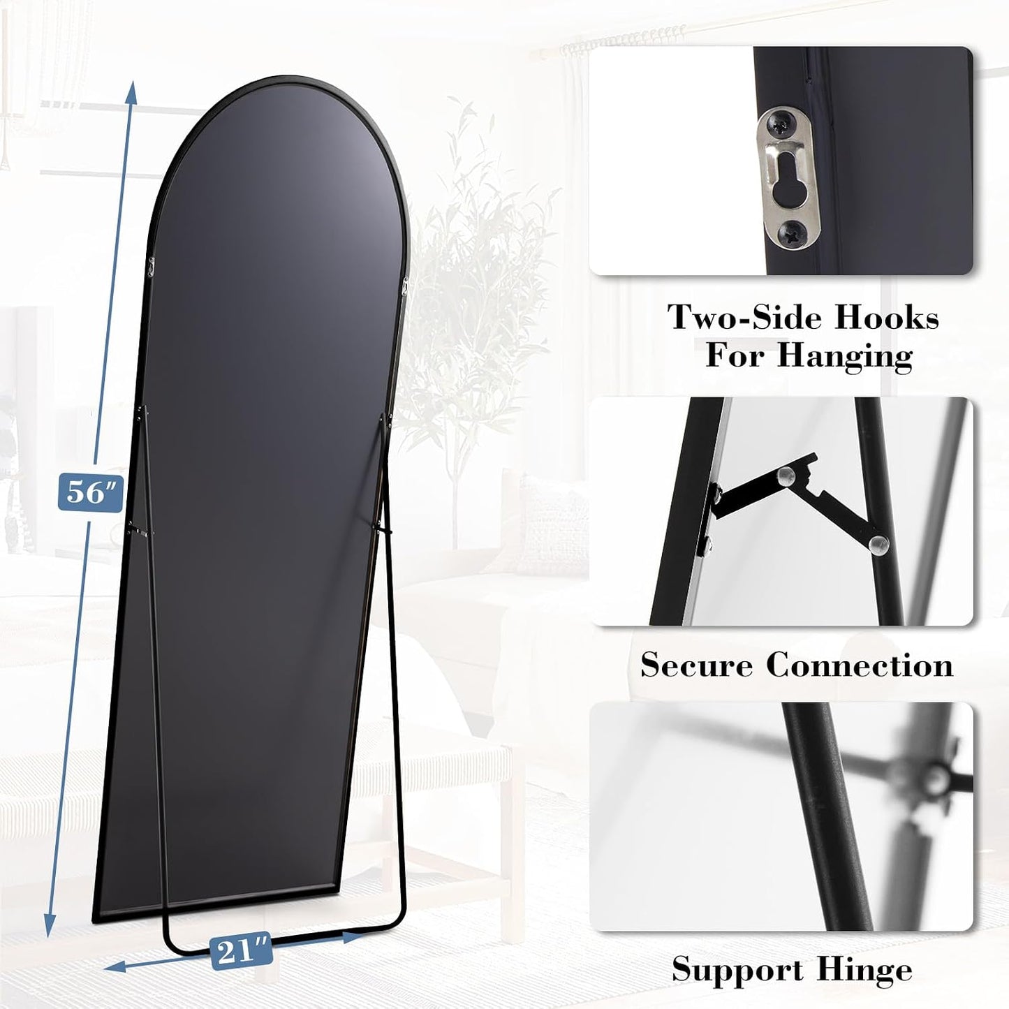 DUMOS 64"x21" Arched Full Length Floor Mirror, Full Body Mirror with Stand, Shatterproof Tempered Glass, Modern Aluminum Alloy Frame, Free Standing or Leaning for Home Decor, Gold