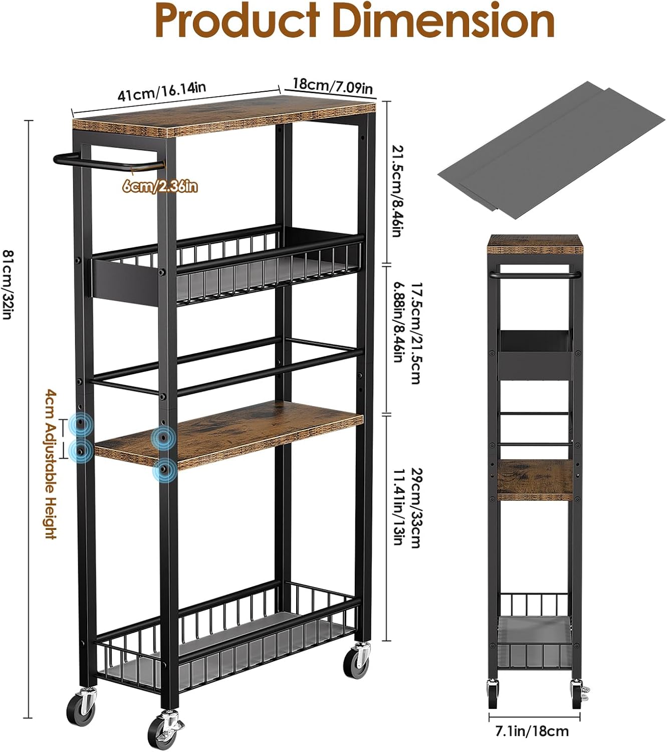 Slim Storage Rolling Cart, 4 Tier Narrow Cart with Wheels, Metal Kitchen Rolling Cart for Small Spaces, Slide Out Storage Shelves for Kitchen, Laundry Room, Bathroom, Living Room, 7.1in(W)