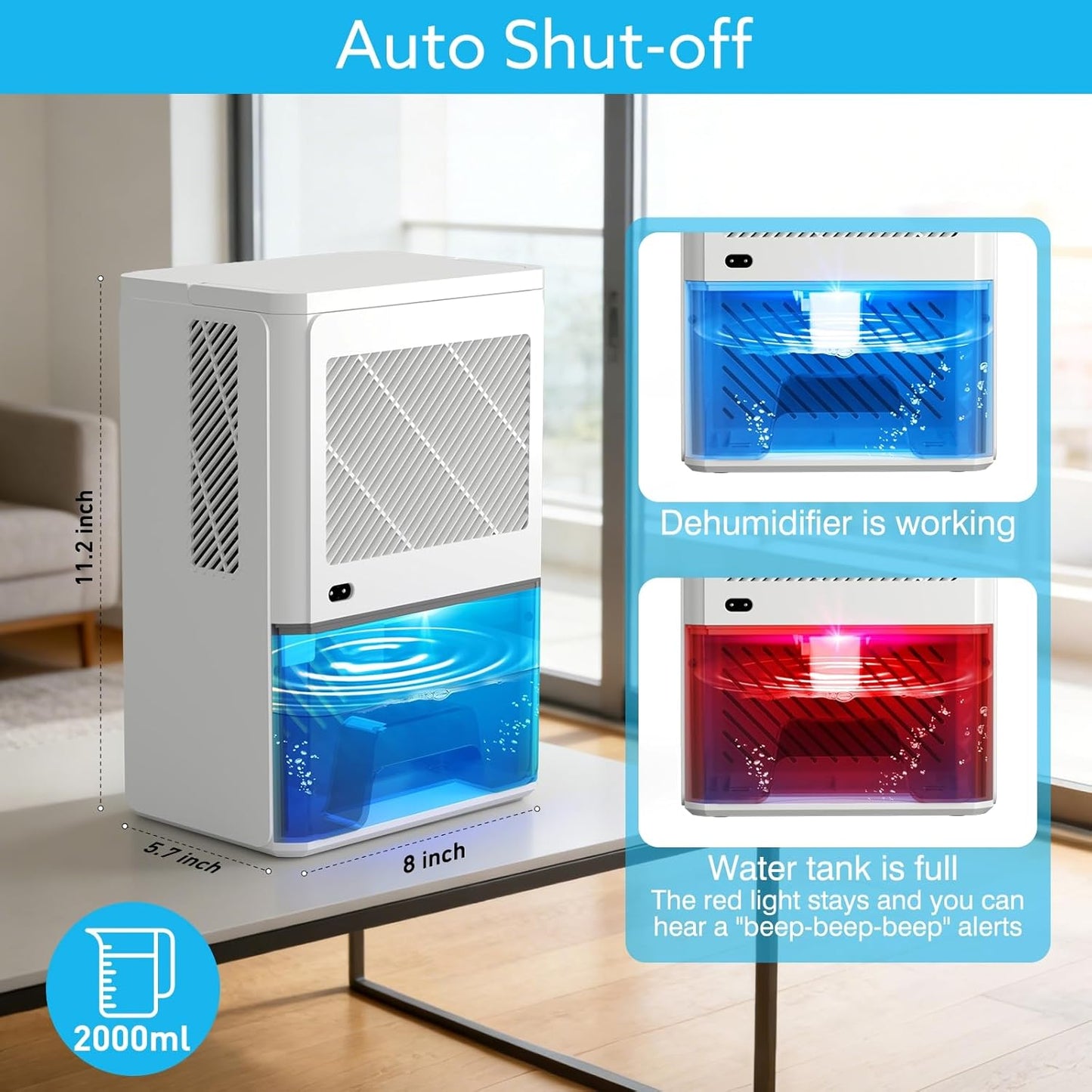 Dehumidifier 58W Compact Quiet Effective Double Cores for Home. 68OZ Water Tank, Sleep Mode, Auto Shut-Off, Delay-Off Timer, Night Light, for Bathroom Bedroom RV Camper Closet or any Small Space