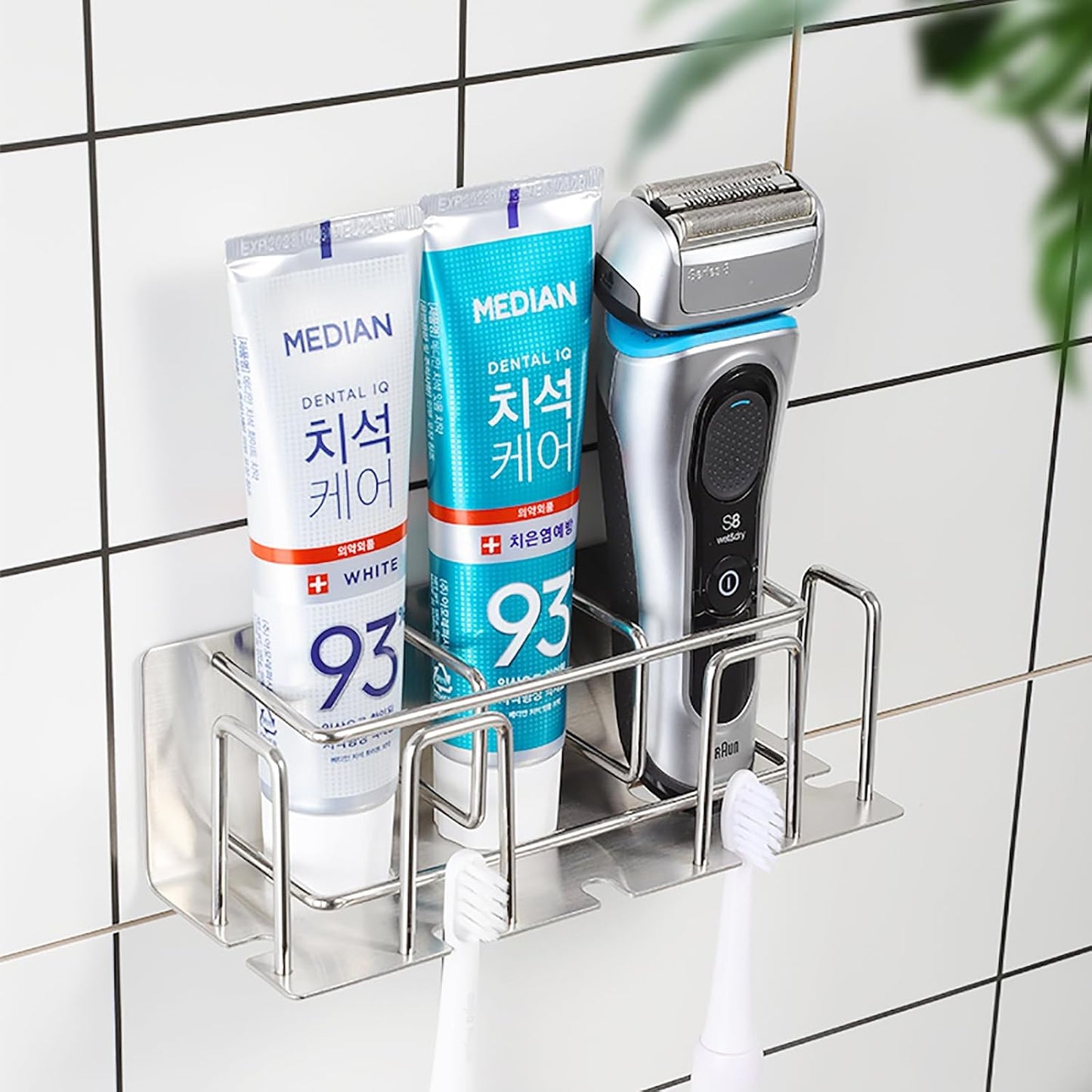 HANZE 2 Pack Toothbrush Holder 304 Stainless Steel Adhesive Wall Mounted 3 in 1 with Toothbrush Holder Toothpaste Holder and Cup Holder for Bathroom Shower