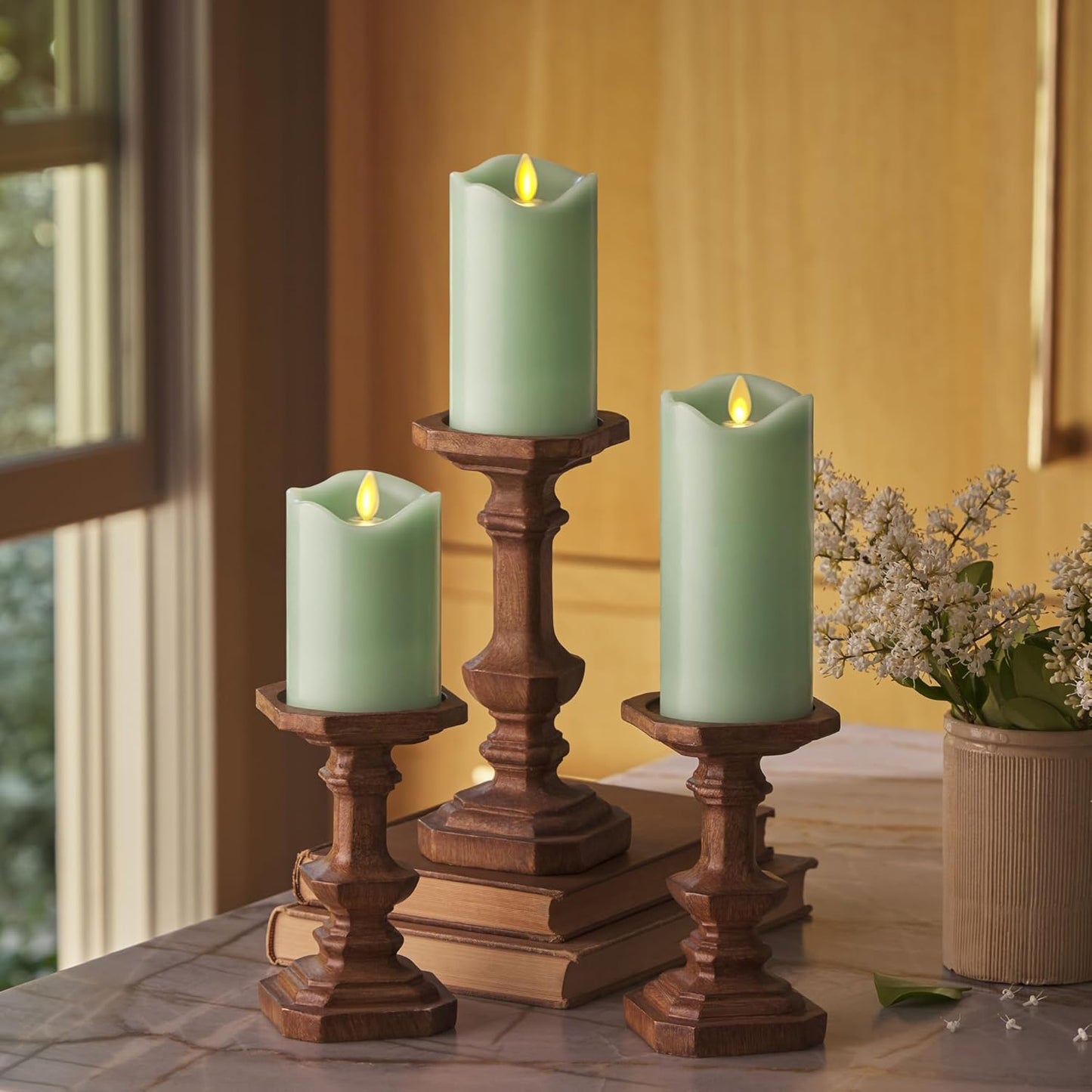 Matchless Candle Co. by Luminara Set of 3 Flameless LED Flickering Moving Flame Pillars (3" x 4.5", 5.5", 6.5"), Melted Unscented Real Wax Edge w/Smooth Finish, AA Battery Operated, Pearl Ivory